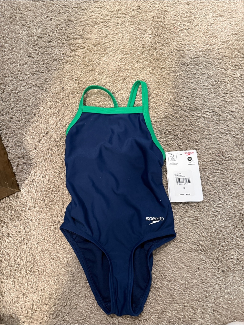 Speedo Navy One-Piece Swimsuit with Green Trim for Kids